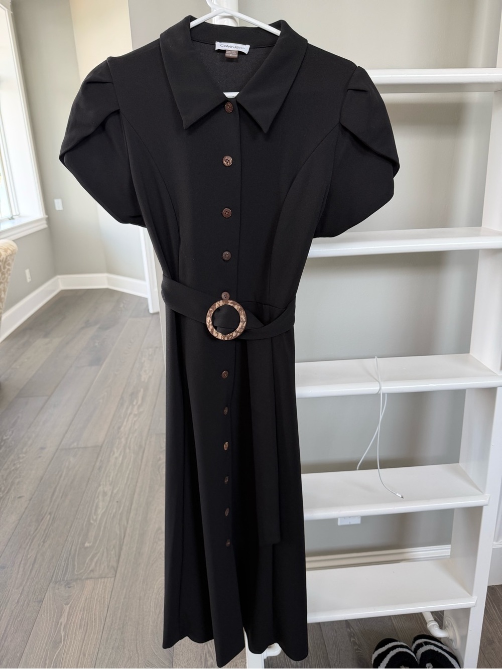 Calvin Klein Black Midi Shirt Dress with Statement Buckle